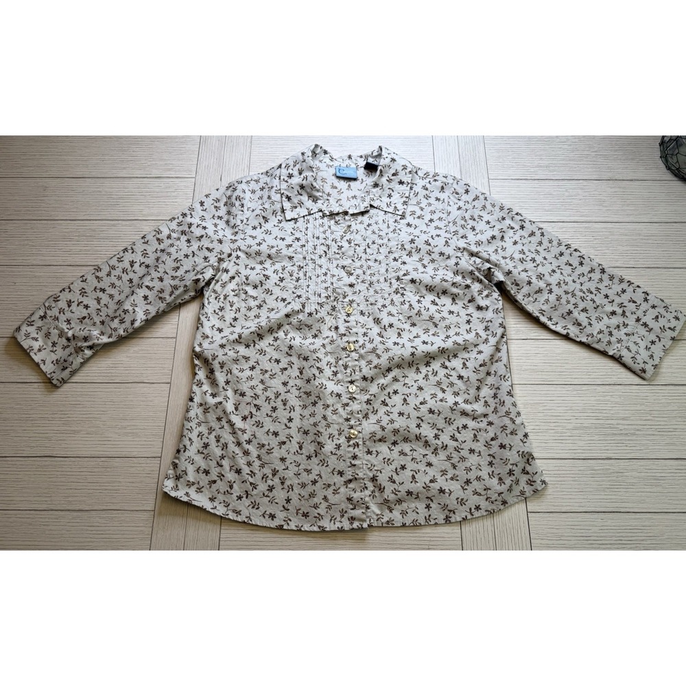 Classic Elements VTG Women's Button Up 100% Cotton Blouse W Smocking Tan L Boho